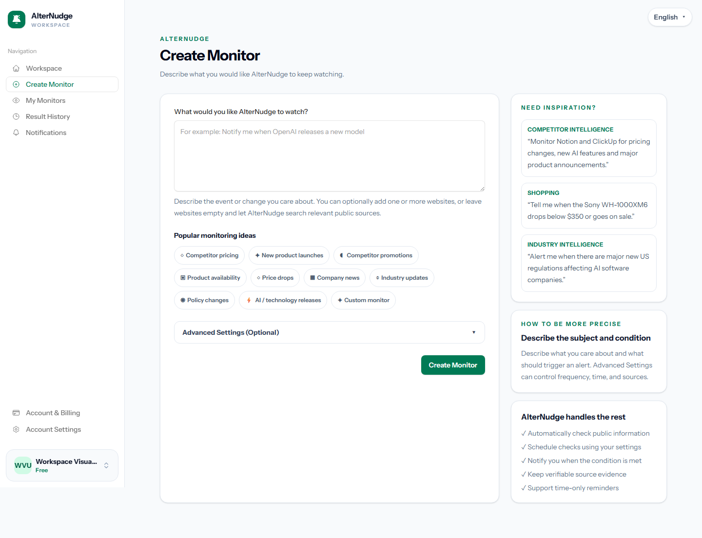 Create an AlterNudge monitor using a natural-language prompt